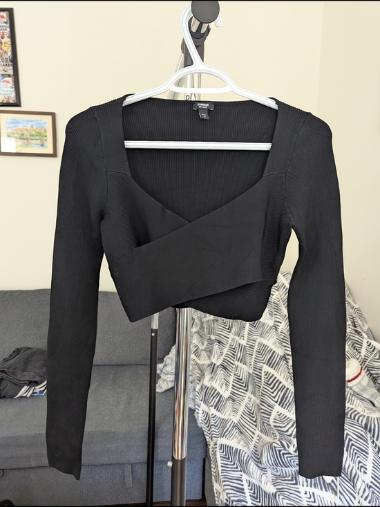 Express Tops - Express Black Long-Sleeve Wrap Crop Top